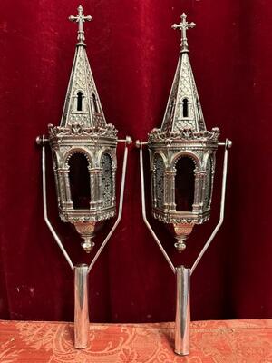 Lanterns style Gothic - Style en Brass / Silver Plated / Glass / Polished & Varnished !, Belgium  19 th century ( Anno 1840 )