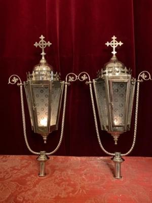 Lanterns style Gothic - style en Brass Silver Plated Polished and Varnished / Original Glass, BELGIUM 19 th century ( Anno 1890 )