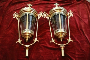 Large Exceptional Baldachin-Lanterns / Original Glass. style Gothic - style en Brass / Bronze / Glass / New Polished and Varnished., Belgium 19th century