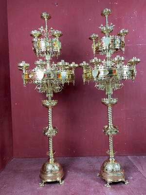 Matching Candelabra  style Gothic - style en Brass / Bronze / Polished and Varnished, Belgium  19 th century ( Anno 1885 )