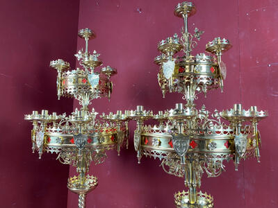 Matching Candelabra  style Gothic - style en Brass / Bronze / Polished and Varnished, Belgium  19 th century ( Anno 1885 )