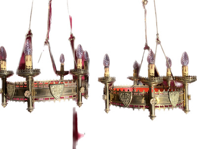 Matching Chandeliers style Gothic - Style en Brass / Bronze / Stones, Belgium 19 th century ( Anno 1890 )