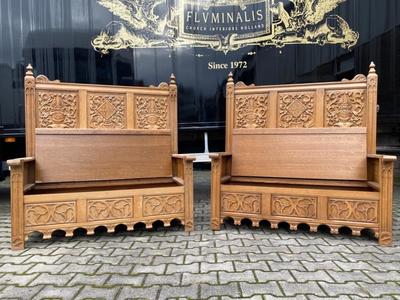 Matching Hall Benches style Gothic - Style en Hand Carving Wood Oak, Netherlands  19 th century