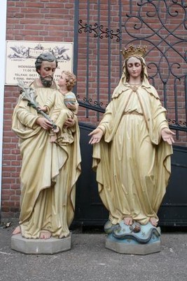 St. Joseph & St Mary style Gothic - Style en Terra - Cotta Polychrome, France 19 th century