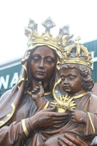 Hand-Carved Statue St. Mary With Child & Sacred Heart en wood oak, Belgium 19th century