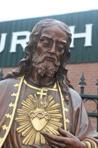 Hand-Carved Statue St. Mary With Child & Sacred Heart en wood oak, Belgium 19th century