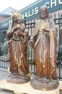 Hand-Carved Statue St. Mary With Child & Sacred Heart en wood oak, Belgium 19th century