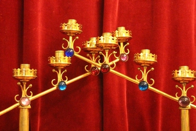 Matching Candle Holders en Brass / Stones, Belgium 20th century ( anno 1910 )