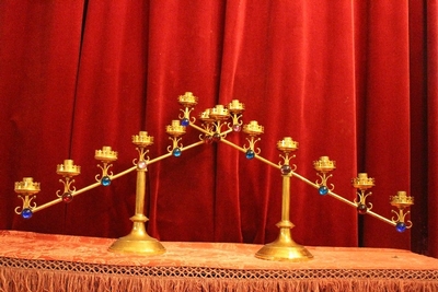 Matching Candle Holders en Brass / Stones, Belgium 20th century ( anno 1910 )