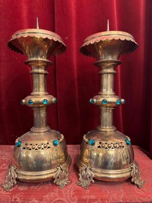 Matching Candle Sticks Height Without Pin. en Brass / Bronze / Stones., Belgium  19 th century ( Anno 1885 )