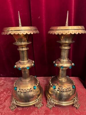 Matching Candle Sticks Height Without Pin. en Brass / Bronze / Stones., Belgium  19 th century ( Anno 1885 )