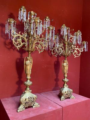 Candle Holders style Romanesque en Brass / Bronze / Gilt / Glass , France 19th century