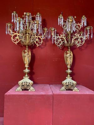 Candle Holders style Romanesque en Brass / Bronze / Gilt / Glass , France 19th century