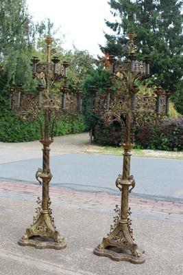 Candle Holders  style Romanesque en Full Bronze / Gilt /  Gemstones, France 19th century ( anno about 1880 )