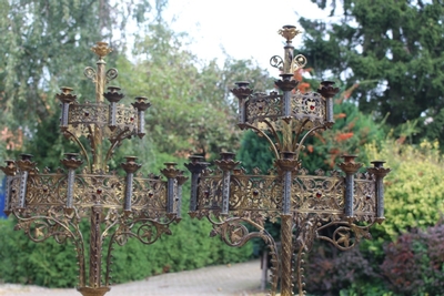 Candle Holders  style Romanesque en Full Bronze / Gilt /  Gemstones, France 19th century ( anno about 1880 )