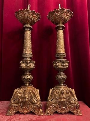 Candle Sticks style Romanesque en Brass / Gilt, France 19th century ( anno 1890 )