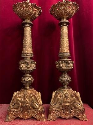 Candle Sticks style Romanesque en Brass / Gilt, France 19th century ( anno 1890 )