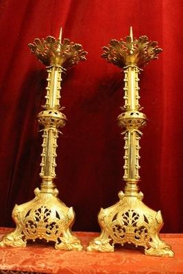 Candle Sticks style Romanesque en Brass / Polished / New Varnished, France 19th century ( anno 1875 )