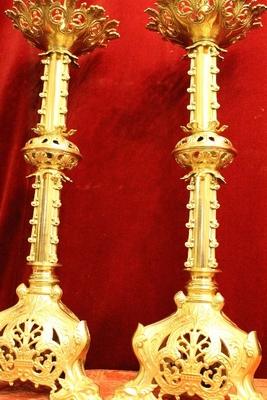 Candle Sticks style Romanesque en Brass / Polished / New Varnished, France 19th century ( anno 1875 )