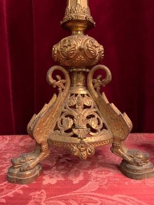 Candle Sticks Measures Without Pin style Romanesque en Bronze / Gilt, France 19 th century