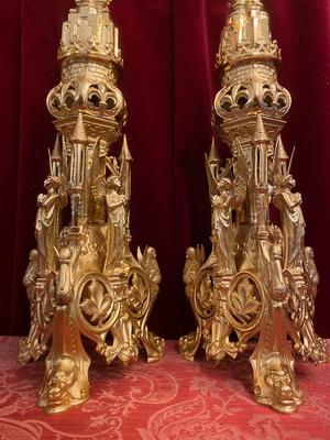 Candle Sticks Measures Without Pin style Romanesque en Bronze / Polished / New Varnished, France 19th century ( anno 1870 )