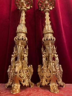 Candle Sticks Measures Without Pin style Romanesque en Bronze / Polished / New Varnished, France 19th century ( anno 1870 )