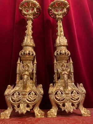 Candle Sticks Measures Without Pin style Romanesque en Bronze / Polished / New Varnished, France 19th century ( anno 1870 )