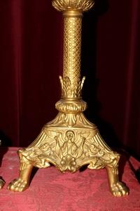 Candle Sticks. Measures Without Pin. With Pin 80 Cm. style Romanesque en Bronze / Gilt, France 19th century