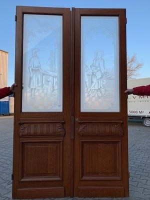 Doors Etched Glass Imagintations St. Joseph And Jesus style Romanesque en Wood / Glass, Belgium 20th century ( Anno 1920 )