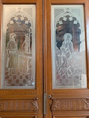 Doors Etched Glass Imagintations St. Joseph And Jesus style Romanesque en Wood / Glass, Belgium 20th century ( Anno 1920 )