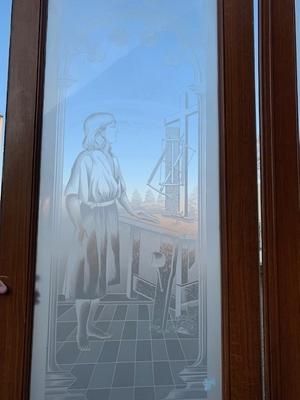 Doors Etched Glass Imagintations St. Joseph And Jesus style Romanesque en Wood / Glass, Belgium 20th century ( Anno 1920 )