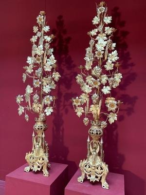 Flower Candle Holders style Romanesque en Brass / Bronze / Gilt, France 19th century ( anno 1890 )