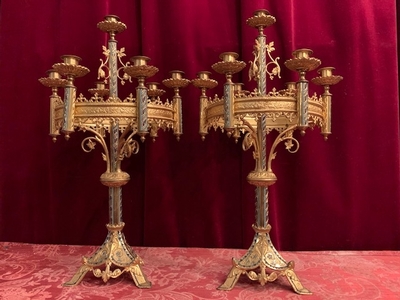 Matching Candle-Holders style Romanesque en Bronze / Gilt, France 19th century ( anno 1890 )