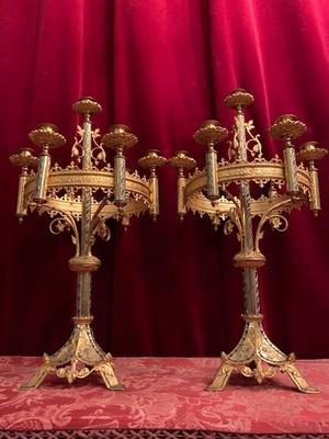 Matching Candle-Holders style Romanesque en Bronze / Gilt, France 19th century ( anno 1890 )