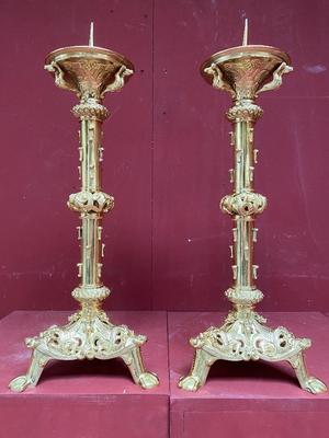 Pair Of Matching Romanesque-Style Candle-Holders Measures Without Pin style Romanesque en Bronze / Polished / New Varnished, PARIS – FRANCE 19th century ( anno 1870 )