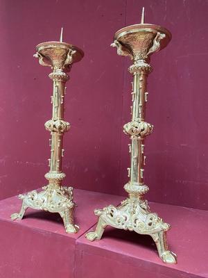 Pair Of Matching Romanesque-Style Candle-Holders Measures Without Pin style Romanesque en Bronze / Polished / New Varnished, PARIS – FRANCE 19th century ( anno 1870 )