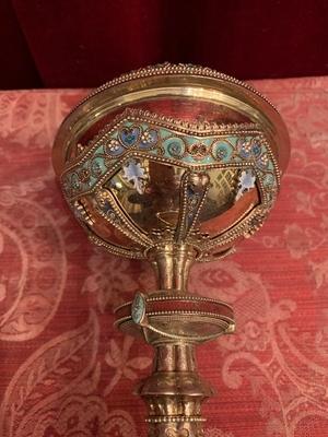 Romanesque-Style Full Silver/Gilt Chalice & Ciborium, Richly Enamelled, With Paten, In Very Good Condition style Romanesque en full silver / enamel medalions, France 19th century ( anno 1865 )