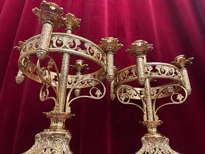 Candle Holders style Romanesque - Style en Brass / Bronze / Polished and Varnished, France 19 th century ( Anno 1885 )