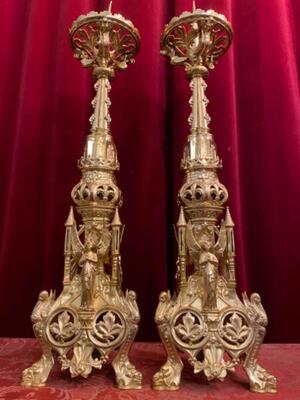 Candle Holders Measures Without Pin style Romanesque - Style en Bronze / Polished and Varnished, France 19 th century