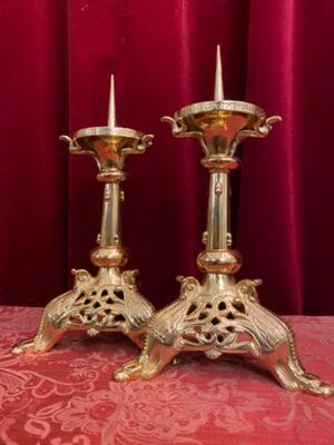 Candle Holders Measures Without Pin style Romanesque - Style en Bronze / Polished and Varnished, France 19 th century