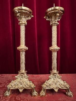 Candle Holders Measures Without Pin style Romanesque - Style en Bronze / Polished and Varnished, Belgium  19 th century ( Anno 1875 )