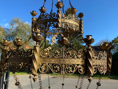 Sanctuary Lamps style Romanesque - Style en Brass / Bronze / Gilt / Stones, France 19 th century ( Anno 1865 )