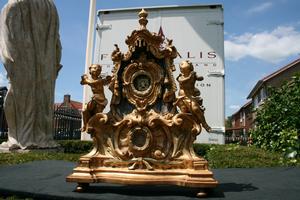 MUSEUM-PIECE: RELIQUARY , HAND-CARVED WOOD / GILT , RELIC OF ST. CATHARINA OF ALEXANDRIA , VARIOUS  ITALIAN SAINTS , H. 50  X W. 38 X D. 10 CM / H. 20