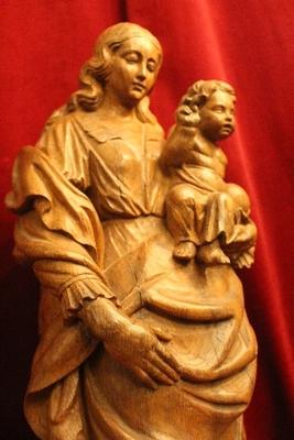 Sculpture St. Mary With Child And Matching Console Total Height 86 Cm. Height Statue 61 Cm. en fully hand-carved wood oak , Belgium 20th century ( anno 1915  )