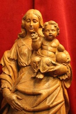 Sculpture St. Mary With Child And Matching Console Total Height 86 Cm. Height Statue 61 Cm. en fully hand-carved wood oak , Belgium 20th century ( anno 1915  )