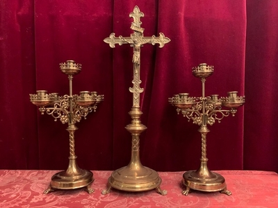 Candle Holders With Matching Cross. Height Cross 53 Cm. Candle Holders Height 36 Cm. en Brass / Bronze, Belgium 19th century