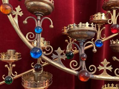 Candle Holders  style Gothic - Style en Brass / Bronze / Glass, Belgium  19 th century ( Anno 1890 )