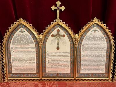 Canon Boards Measurements : 1 X 50 W X 36 H Cm. 2 X 19 W  X 29 H Cm.  style Gothic - Style en Brass / Glass  / Polished and Varnished / Stone, France 19 th century