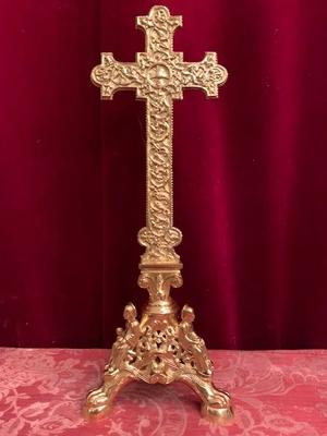 Matching Candle Sticks With Cross Altar Set style Romanesque en Bronze / Polished and Varnished, France 19th century ( anno 1875 )