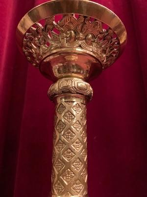 Matching Candle Sticks With Cross Altar Set style Romanesque en Bronze / Polished and Varnished, France 19th century ( anno 1875 )